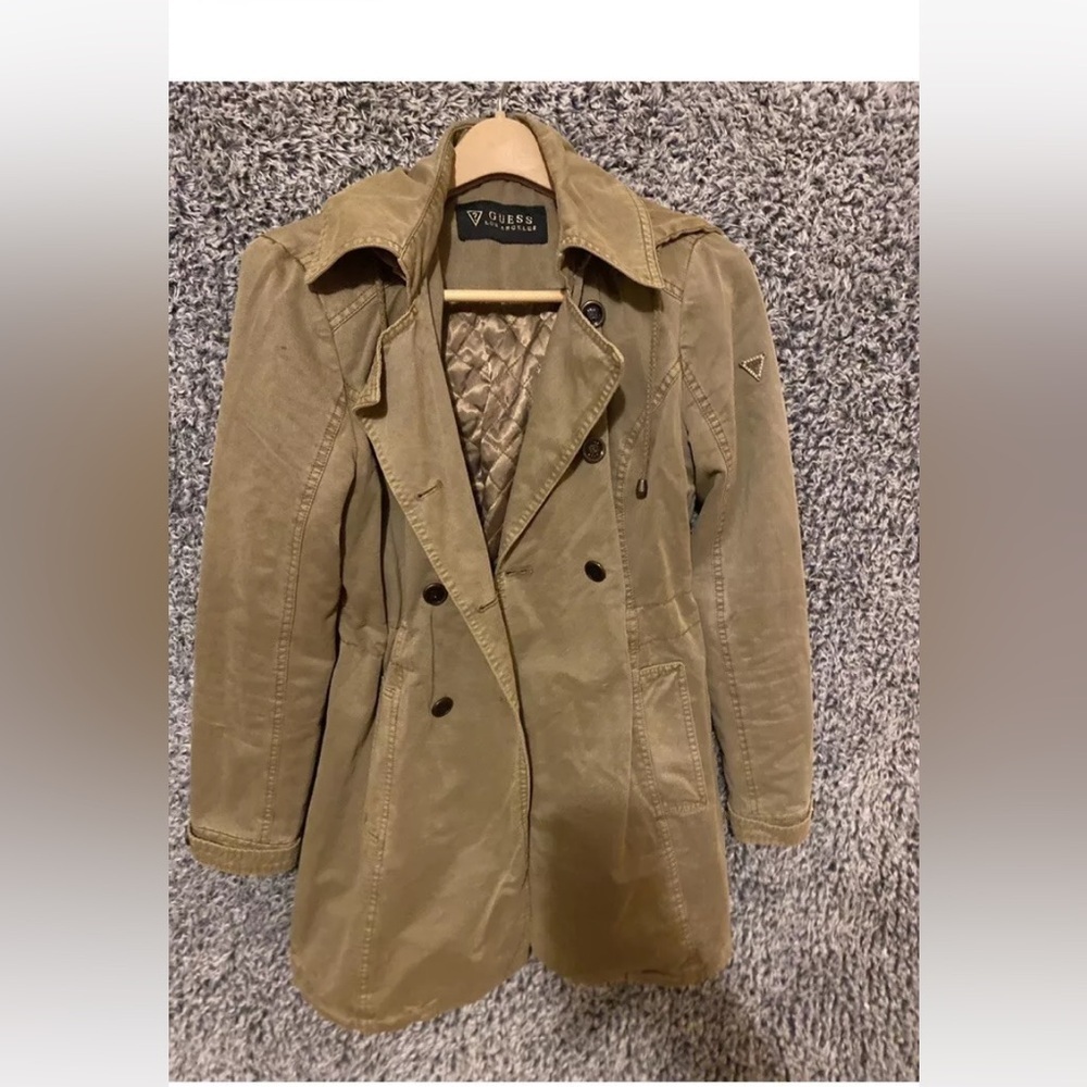 Guess Women's Beige Hooded Double-Breasted Jacket Size M Mid-Length